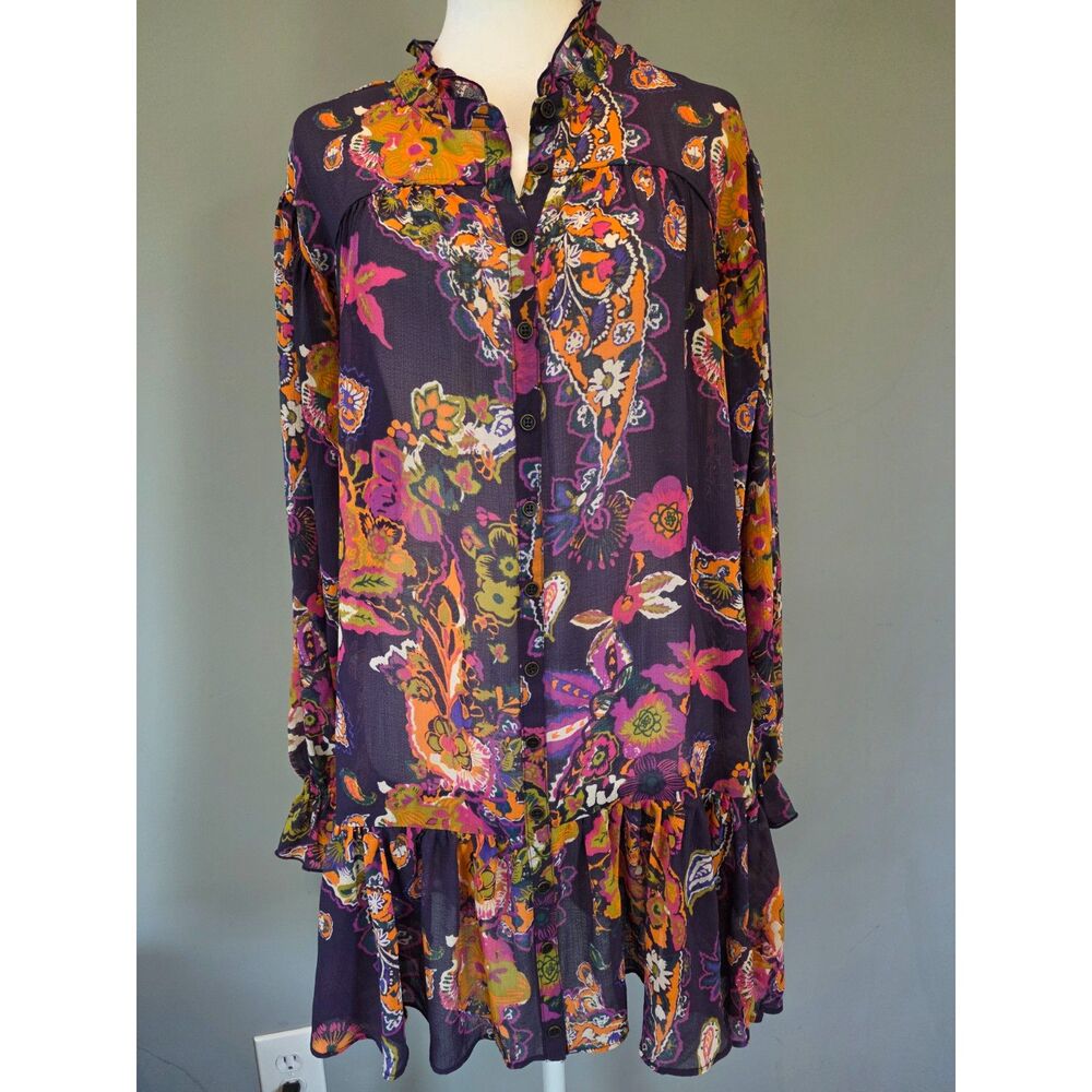 Free People Ibiza Nights Mini Dress SM Purple Paisley Sheer Peasant Boho Retro